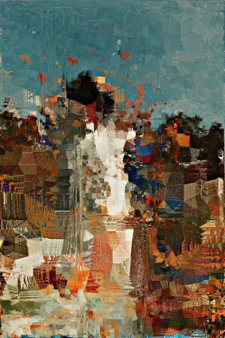 An abstract mixed-media artwork featuring a central white flowing figure surrounded by collaged textures, patterns, and vibrant splashes of red, orange, blue, and green against a teal background.