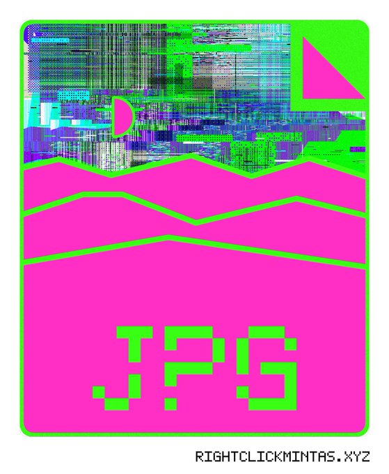 A brightly colored, glitch-art style graphic features neon green and hot pink with abstract shapes, displaying "JPS" in large green letters and "RIGHTCLICKMINTAS.XYZ" at the bottom.