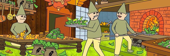 Three cartoon gnomes in pointed hats are working in a medieval-style kitchen, sorting and transporting stacks of green cash—visually tying into the "GNOME CHILD" meme token launch on Robinhood by depicting the classic RuneScape gnomes counting money like a treasury operation.