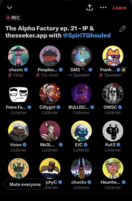 A screenshot of a Twitter Spaces interface titled 'The Alpha Factory ep. 21 - IP & theseeker.app with @SpiriTGhouled' shows various participants with cartoon and meme profile pictures.