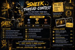 A promotional graphic for a 'Sneek Thread Contest' with prizes of '$75 + $25', featuring a Nike-themed background and submission instructions.