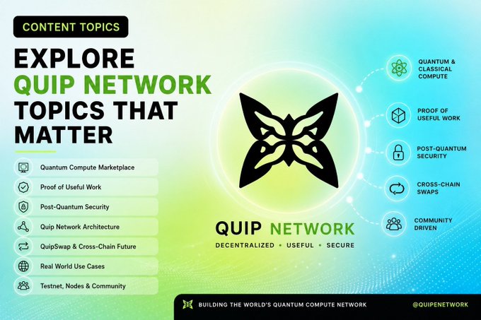 Promotional graphic for QUIP NETWORK titled 'EXPLORE QUIP NETWORK TOPICS THAT MATTER' with content topics including Quantum Compute Marketplace, Proof of Useful Work, and Post-Quantum Security.
