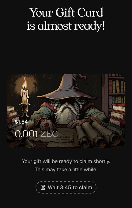 A digital gift card interface displaying 'Your Gift Card is almost ready!' with a wizard illustration, showing a balance of $1.54 / 0.001 ZEC and a countdown timer reading 'Wait 3:45 to claim'.