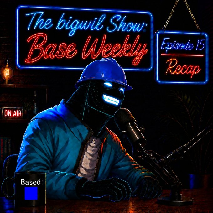A neon-lit graphic promotes 'The bigwil Show: Base Weekly Episode 15 Recap', featuring a blue robot-like figure in a hard hat sitting at a microphone with an 'ON AIR' sign and a mug labeled 'Based:'.