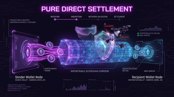 A futuristic neon graphic titled "PURE DIRECT SETTLEMENT" depicting a blockchain transaction process from "Sender Wallet Node" through an "IMPENETRABLE BLOCKCHAIN CORRIDOR" to a "Recipient Wallet Node."