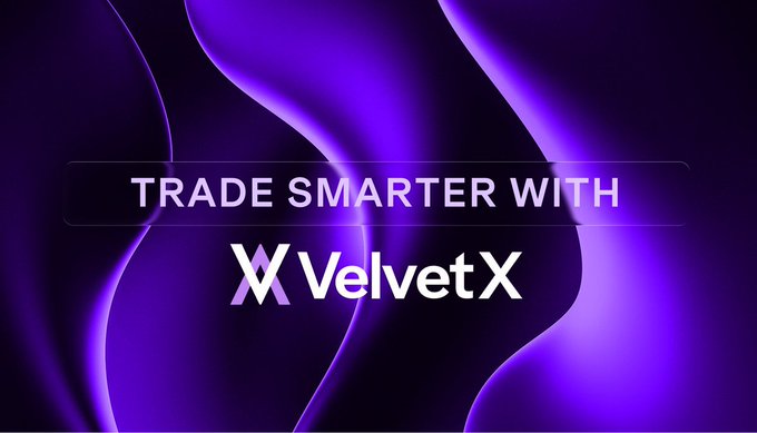 A promotional graphic features flowing purple abstract waves with the white text 'TRADE SMARTER WITH VelvetX' in the center.