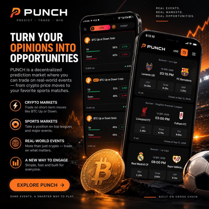 Advertisement for PUNCH, a decentralized prediction market, showing mobile phone mockups of BTC Up or Down and soccer markets, with tagline 'TURN YOUR OPINIONS INTO OPPORTUNITIES' and 'BUILT ON CROSS CHAIN'.