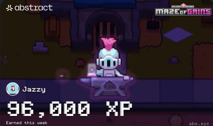 A pixel art video game character named 'Jazzy' with a pink mohawk, displaying 96,000 XP earned this week on the 'Maze of Gains' platform.