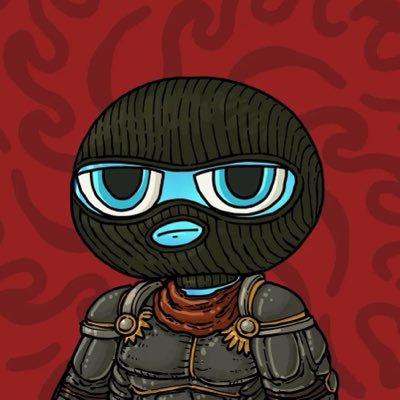 A cartoon-style character with large blue eyes wearing a dark helmet, blue goggles, and armored clothing against a red patterned background.