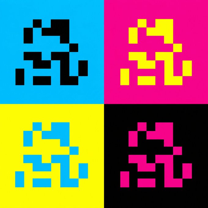 Four pixelated, blocky figures—resembling retro video game characters or space invaders—each rendered in a different color palette (cyan/black, magenta/yellow, yellow/cyan, and black/magenta), arranged in a 2x2 grid against matching backgrounds.