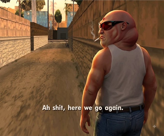 A muscular, bald character in sunglasses and a white tank top smokes a cigarette in a gritty alley, with the meme caption "Ah shit, here we go again." — humorously echoing the recurring cycle of Bitcoin enthusiasts bracing for another price surge to $35,000.