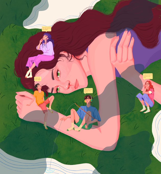 A giant red-haired woman lies on green grass surrounded by four smaller human figures with speech bubbles containing their thoughts, while she holds a fishing rod and has her hands pressed to her head. The illustration captures the surreal feeling of "Get The Humans Out Of My Head," visualizing how the larger woman is overwhelmed by intrusive, noisy inner voices.