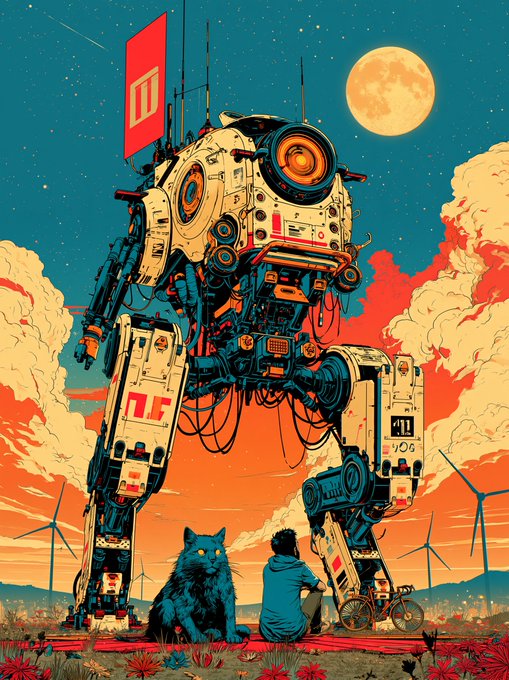 A vibrant retro-futuristic illustration shows a massive mechanical robot towering over a person, a blue wolf, and a bicycle in a flower-filled field, with wind turbines and a full moon in the orange sunset sky.