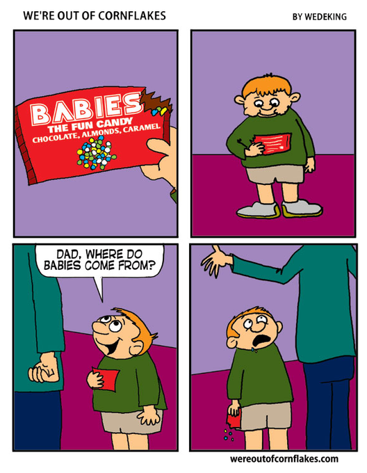 A four-panel comic by Wedeking titled 'WE'RE OUT OF CORNFLAKES' showing a child finding a 'BABIES' candy bag and asking 'Dad, where do babies come from?', leaving the dad shocked.