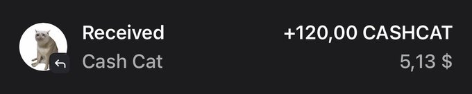 A Cash App notification showing a received payment of +120.00 CASHCAT, valued at 5.13 dollars.