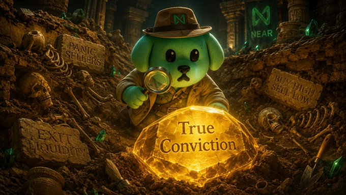 A green puppy mascot wearing a fedora and trench coat with an 'N' logo, holding a magnifying glass over a glowing golden rock labeled 'True Conviction' amid gravestones reading 'Panic Sellers', 'Exit Liquidity', and 'Buy High Sell Low', with a 'NEAR' logo in the background.