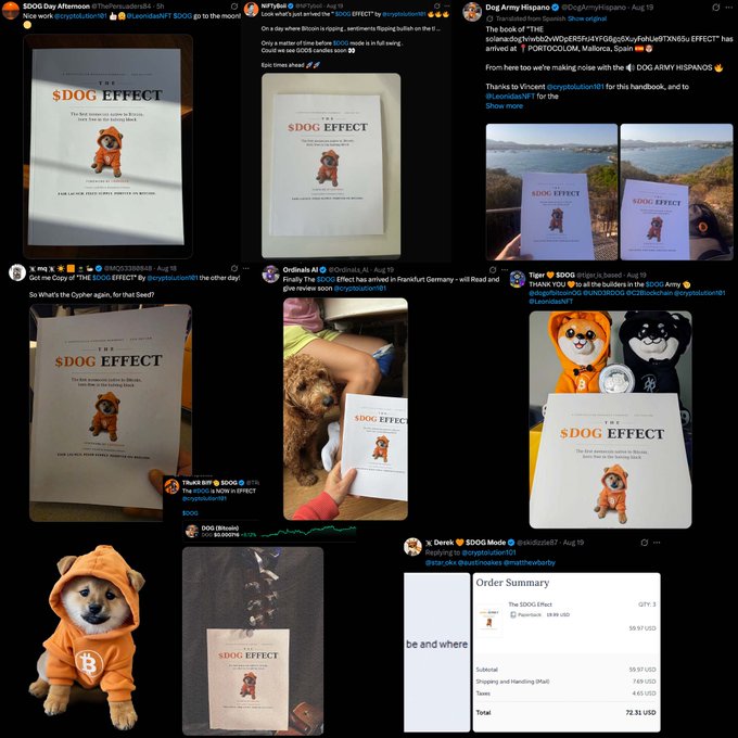 A collage of Twitter/X posts showing people receiving and reacting to '$DOG' books titled 'The $DOG Effect' by LeonidasNFT and DogyesNFT, featuring a dog in an orange Bitcoin hoodie, with an order summary showing $72.31 USD total.