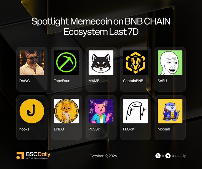 A BSC Daily branded spotlight graphic showcasing "Spotlight Memecoin on BNB CHAIN Ecosystem Last 7D" dated October 19, 2026, featuring 10 featured memecoins arranged in two rows with their logos and tickers: DAWG, TapeFour, MAME, CaptainBNB, SAFU, hooks, BNBO, PUSSY, FLORK, and Moolah, each accompanied by their respective Twitter handles as listed in the accompanying post.