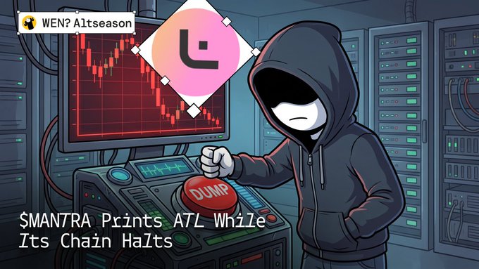 A hooded character stands before server racks and a steeply declining candlestick chart, pressing a red "DUMP" button beneath a pink logo and a "WEN? Altseason" banner, with the caption "$MAN7RA Prints ATL While Its Chain Halts" — visually dramatizing the project's repeated collapse, including its new all-time low of $0.004139 amid a halted chain.