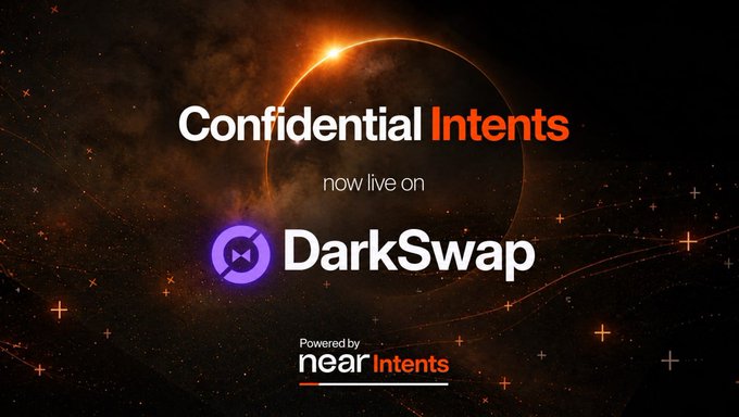 Promotional banner featuring "Confidential Intents now live on DarkSwap," powered by near Intents, against a cosmic background with a planet eclipse and orange light streaks, announcing the collaboration referenced by "DARK x NEAR."