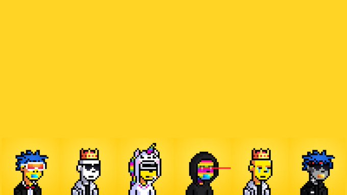 Pixel art animation showing six characters wearing different colored sunglasses lined up against a solid yellow background.