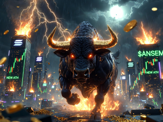 A fiery bull with glowing red eyes charges through a stormy, lightning-lit financial cityscape displaying "NEW ATH" on skyscrapers and "$ANSEM" on a screen, with gold coins and stacks of currency strewn across the ground. The image visually embodies the post's message of $ANSEM's relentless bullish momentum and fresh all-time highs, with the powerful charging bull symbolizing the underlying strength and real building work fueling the run.