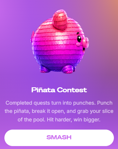 The image features a pink piggy bank sitting on top of a purple background with white text that reads "PITATA CONTAINER". The text also includes instructions for participating in a contest related to the piggy bank, such as smashing it into pieces and sharing their opinions about it.
