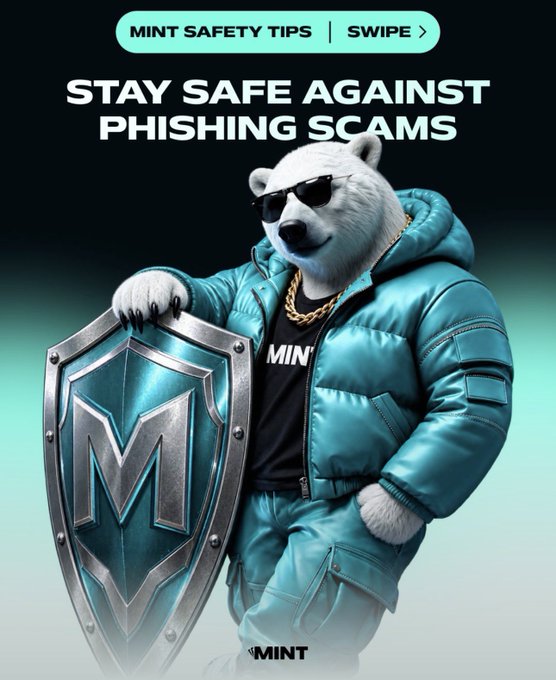 A promotional graphic titled "MINT SAFETY TIPS - STAY SAFE AGAINST PHISHING SCAMS" featuring a 3D-rendered white bear wearing sunglasses, a gold chain, and a teal puffer jacket, holding a shield with the "M" logo.