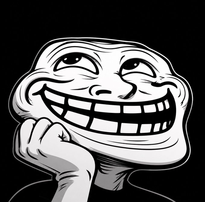 A classic "Trollface" meme character smirking and resting its chin on its hand in a contemplative, mischievous pose against a black background. The image visually represents the post's text "¿ʎpɐǝɹ sʎnƃ noʎ" (upside-down "already busy") combined with "$Troll," embodying the playful trolling sentiment of the meme.