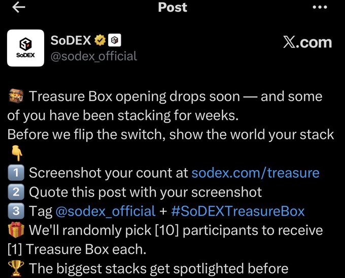 A screenshot of a tweet from SoDEX (@sodex_official) announcing a Treasure Box giveaway where 10 randomly selected participants who screenshot their count at sodex.com/treasure, quote the post, and tag @sodex_official with #SoDEXTreasureBox will each receive a Treasure Box before the opening drops begin.