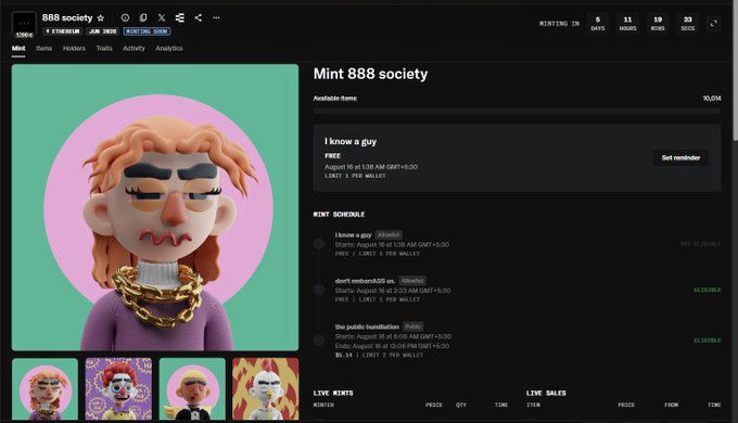 Screenshot of an NFT marketplace page for '888 society' displaying a minting interface with a 3D character avatar against a pink circle, showing mint schedule and live mints/sales data.
