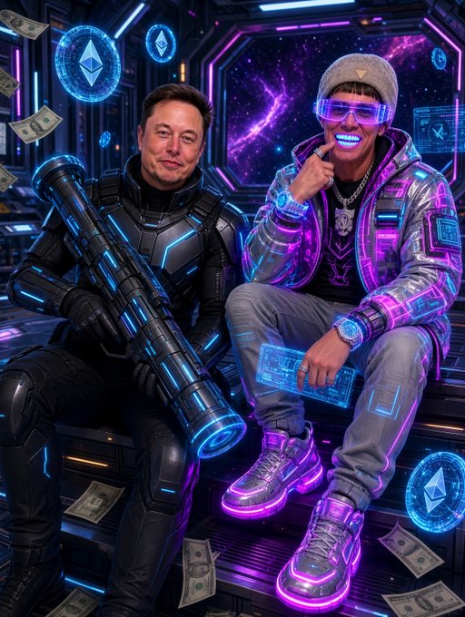 A futuristic, AI-generated illustration of Elon Musk holding a large sci-fi weapon, sitting next to another figure in neon clothing and a beanie, surrounded by floating Ethereum logos and dollar bills in a space-themed setting.