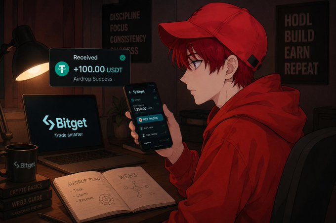 An anime-style illustration of a red-haired character receiving a '+100.00 USDT Airdrop Success' notification on Bitget, surrounded by motivational posters reading 'DISCIPLINE FOCUS CONSISTENCY' and 'HODL BUILD EARN REPEAT', with an 'AIRDROP PLAN WEB3' notebook.