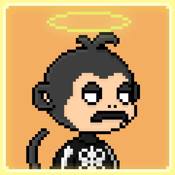 Pixel art character portrait of a person with a yellow halo above their head against an orange background.