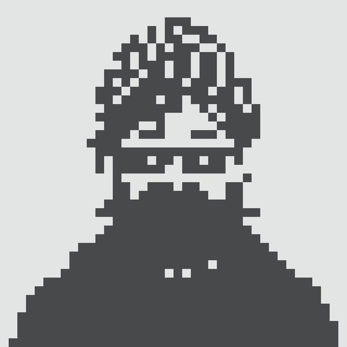A pixel art illustration of a hooded figure with a distinctive face covering featuring cutout eye and mouth shapes.