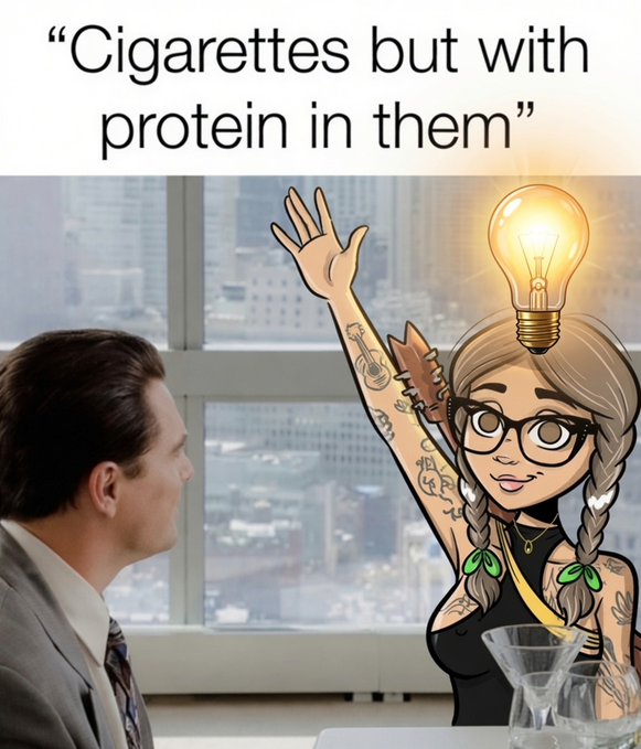 A humorous image showing a cartoon woman with a lightbulb above her head, captioned 'Cigarettes but with protein in them,' depicted interacting with a man in an office setting.