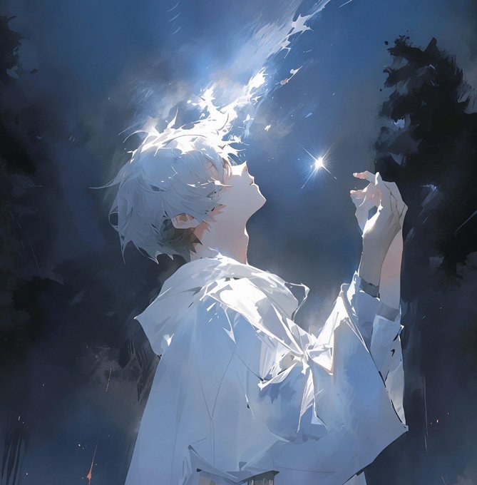 An anime-style illustration of a silver-haired figure in a white outfit reaching up toward a sparkling star against a dark, moody blue background.