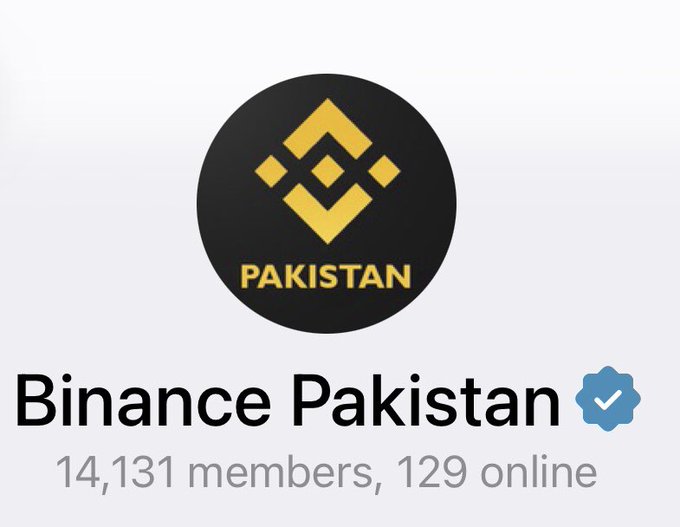 A graphic showing the 'Binance Pakistan' group logo with a Binance icon and text reading '14,131 members, 129 online'.