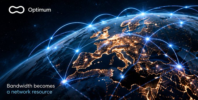 An advertisement from 'Optimum' featuring a glowing Earth at night with network connection arcs across Europe, accompanied by the text 'Bandwidth becomes a network resource.'