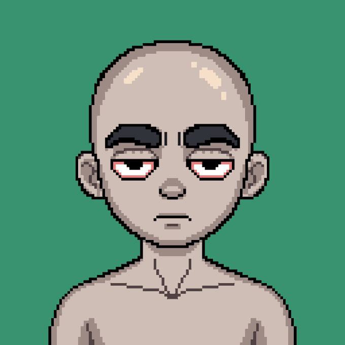 A pixel art illustration of a bald character with thick eyebrows and a serious expression against a green background.