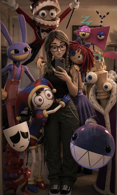 3D rendered image of a young woman taking a mirror selfie with an iPhone, surrounded by several characters from the video game 'The Amazing Digital Circus' including Jax, Pomni, Ragatha, and Caine.