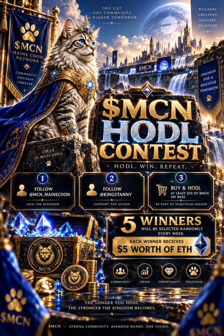 Promotional graphic for the '$MCN HODL CONTEST' featuring a regal cat in royal attire, with instructions to follow @MCN_MAINECOON and @KINGSTANNY, and 5 winners to receive $5 worth of ETH weekly.