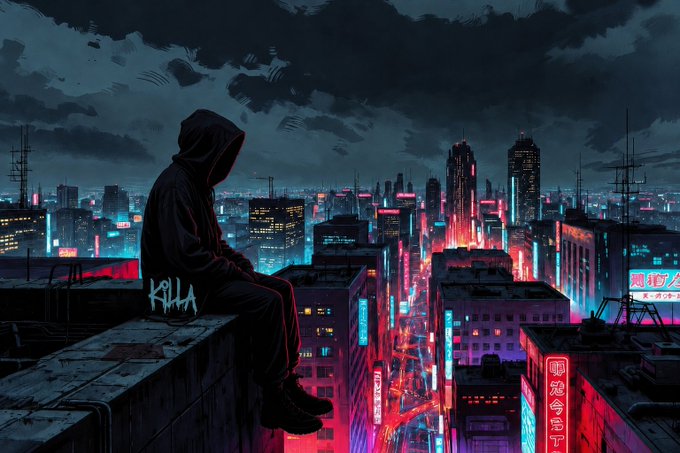 A hooded figure sits on a rooftop ledge overlooking a neon-lit cyberpunk cityscape, with graffiti reading "KILLA" on the wall beside them and red neon signs with Chinese characters lining the buildings below.

The image visually reinforces the post's tone of detachment and transparency, with the solitary figure on the rooftop symbolizing the author as an independent observer sharing free market insights from "above" the crowd, mirroring the message of providing open, unpaid trading analysis.