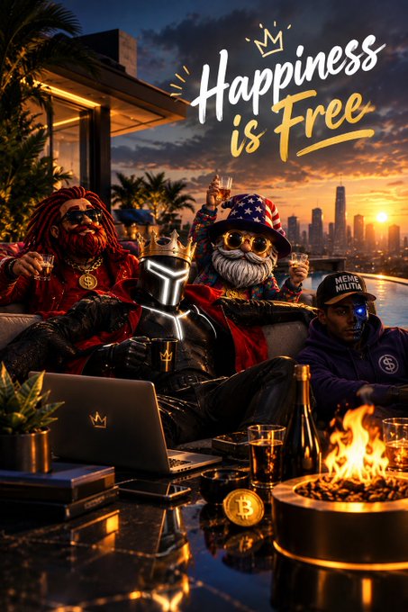 An AI-generated scene showing a group of stylized characters (including figures resembling Uncle Sam and a knight) lounging around a fire pit with drinks and a laptop. The text 'Happiness is Free' appears at the top with a crown icon, and a Bitcoin logo is visible in the foreground against a city skyline at sunset.