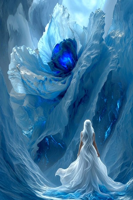 A digital fantasy artwork depicting a woman with long white hair in a flowing white dress standing before an icy, crystalline landscape with a glowing blue center.