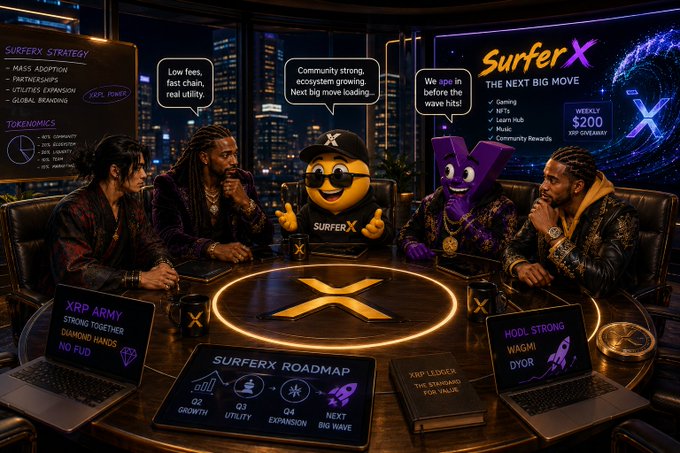 A stylized image of five characters sitting around a glowing circular table with an 'X' logo in the center, discussing 'SURFERX' with speech bubbles, surrounded by screens showing 'SurferX Strategy', 'Tokenomics', 'SurferX Roadmap', and 'The Next Big Move Weekly $200 XRP Giveaway'.