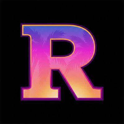 A stylized letter 'R' logo with a gradient of pink, purple, and orange colors, featuring a tropical leaf pattern inside and a glowing outline against a black background.