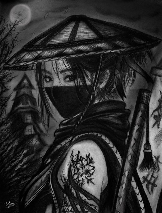A black and white sketch of an anime-style female character wearing a conical hat and a face covering, with a floral tattoo visible on her arm.