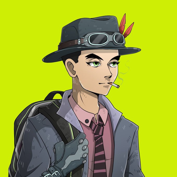 A digital illustration of a young man with green eyes wearing a gray hat with goggles, a suit, and tie, smoking a cigarette against a bright yellow-green background.