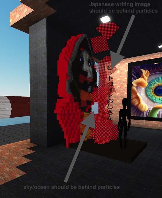 A 3D rendered virtual environment showing a pixelated red and black creature with arrows and notes pointing out rendering issues, including 'Japanese writing image should be behind particles' and 'sky/ocean should be behind particles.'